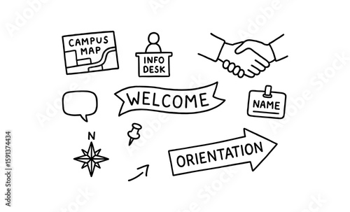 Campus orientation symbols: welcome, maps, and directions in simple blue graphics