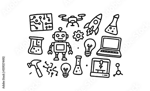 Futuristic technology and innovation icons in blue doodle art style
