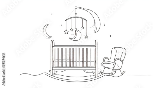 Line Art Illustration Of A Baby Crib And Rocking Chair In A Nursery
