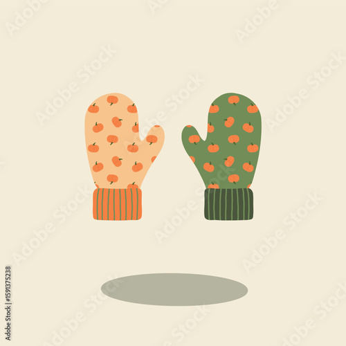 Minimalist autumn orange and green gloves with pumpkin pattern illustration fall theme vector