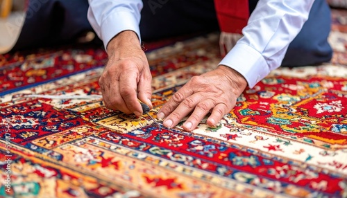 Close up view of a craftsman's hands carefully working on a vibrant intricately patterned handmade rug