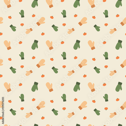 Minimalist autumn orange and green gloves with pumpkin pattern illustration seamless pattern fall theme vector