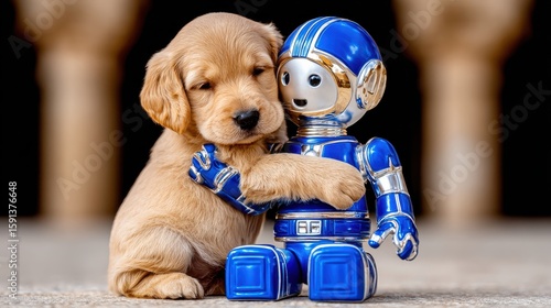 A cute puppy cuddles a friendly robot toy, showcasing companionship.