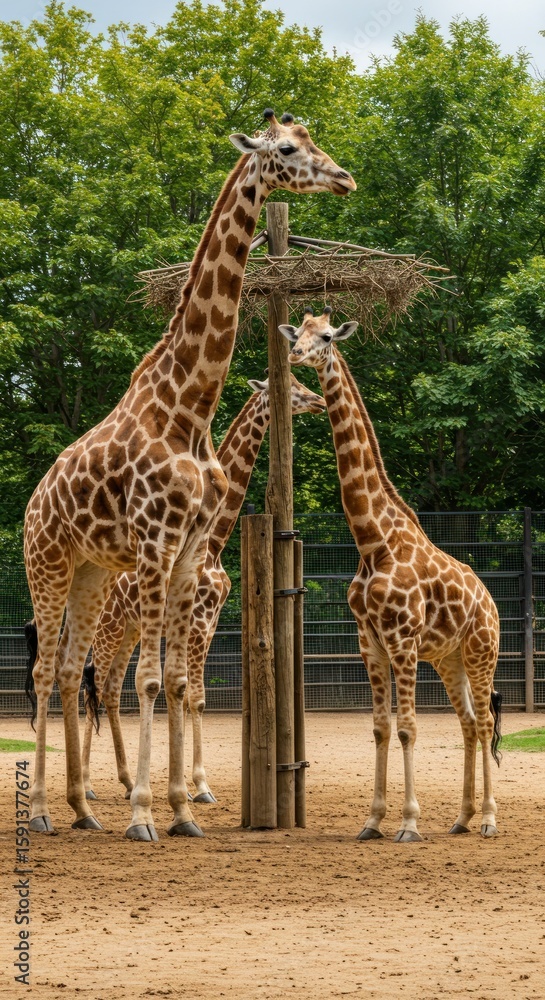 Obraz premium Three giraffes near wooden post