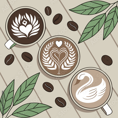 Overhead shot of three latte art coffees with beans and leaves on a wooden table background design