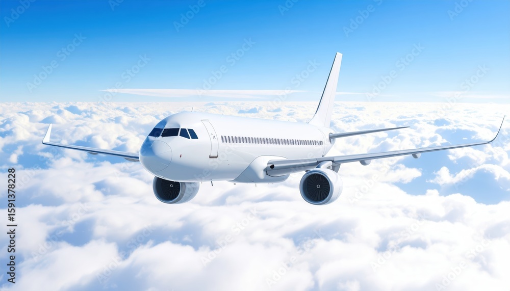 Obraz premium A white passenger airplane is flying high above a dense layer of white fluffy clouds under a bright blue sky