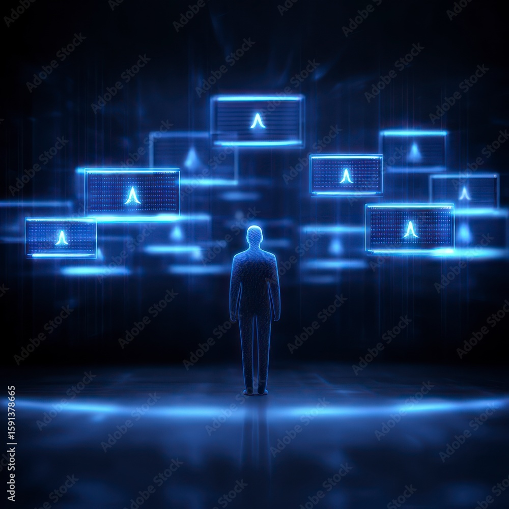 A solitary digital figure stands amidst glowing virtual screens displaying abstract data and binary code A solitary digital figure stands amidst glowing virtual screens displaying abstract data and binary code