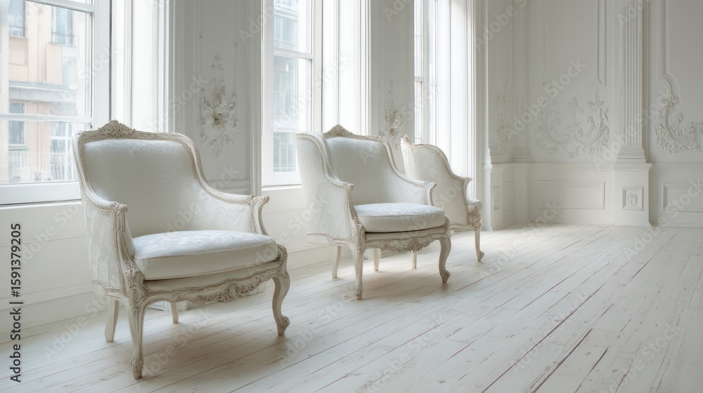 custom made wallpaper toronto digitalTwo antique white armchairs in a bright, ornate room with large windows and white wood floors