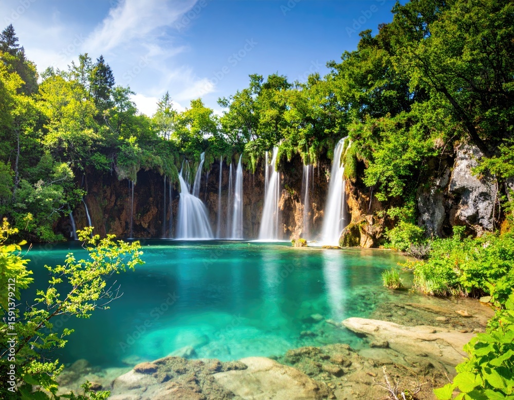Fototapeta premium Lush waterfall cascading into turquoise pool