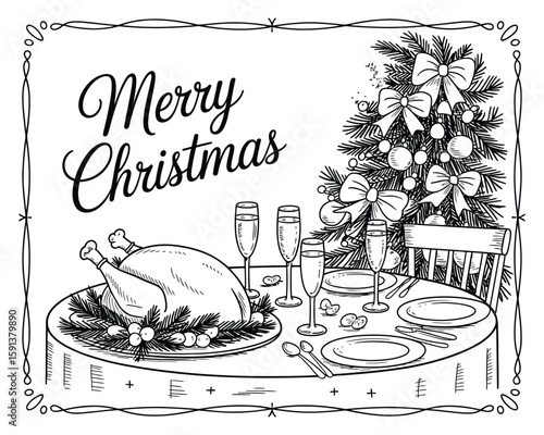 Holiday Dinner Line Drawing with Tree and Cursive Merry Christmas Text