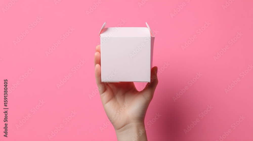 Obraz premium A hand holds a small, blank, white, square box against a pink background