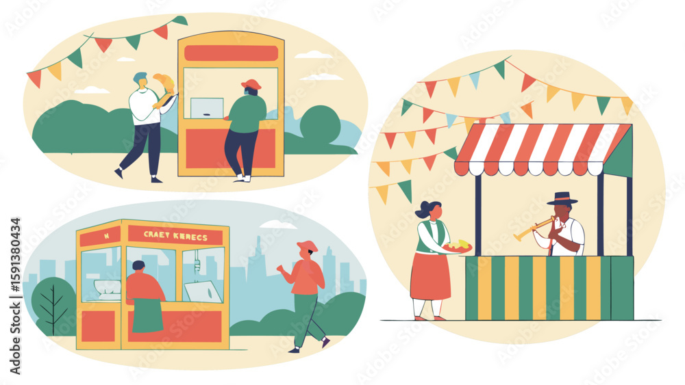 Illustration showing three different outdoor vendor booths with people and festive decorations around them Illustration showing three different outdoor vendor booths with people and festive decorations around them