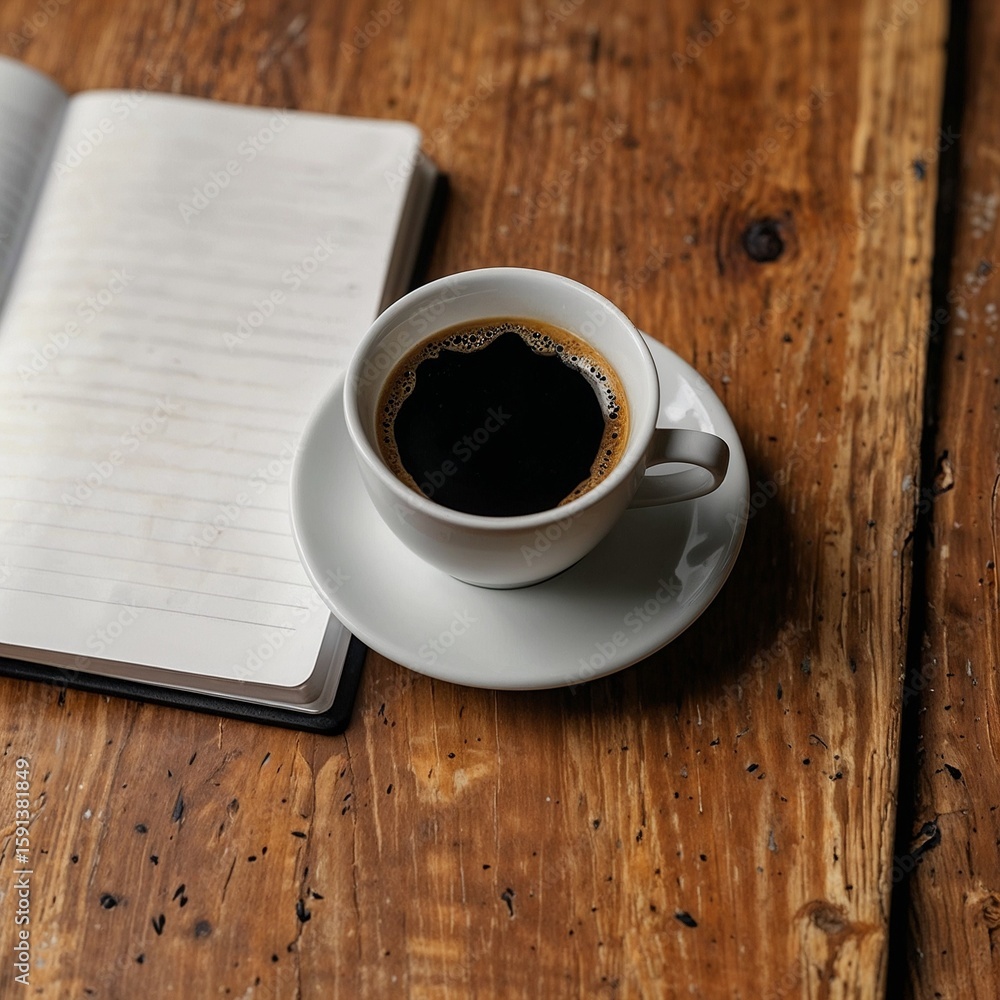 Aromatic black coffee cup on a wooden table next to an open notebook Aromatic black coffee cup on a wooden table next to an open notebook