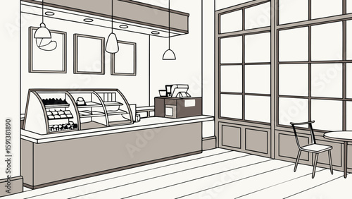 Illustration of a bakery interior with display case, counter, and seating area near windows