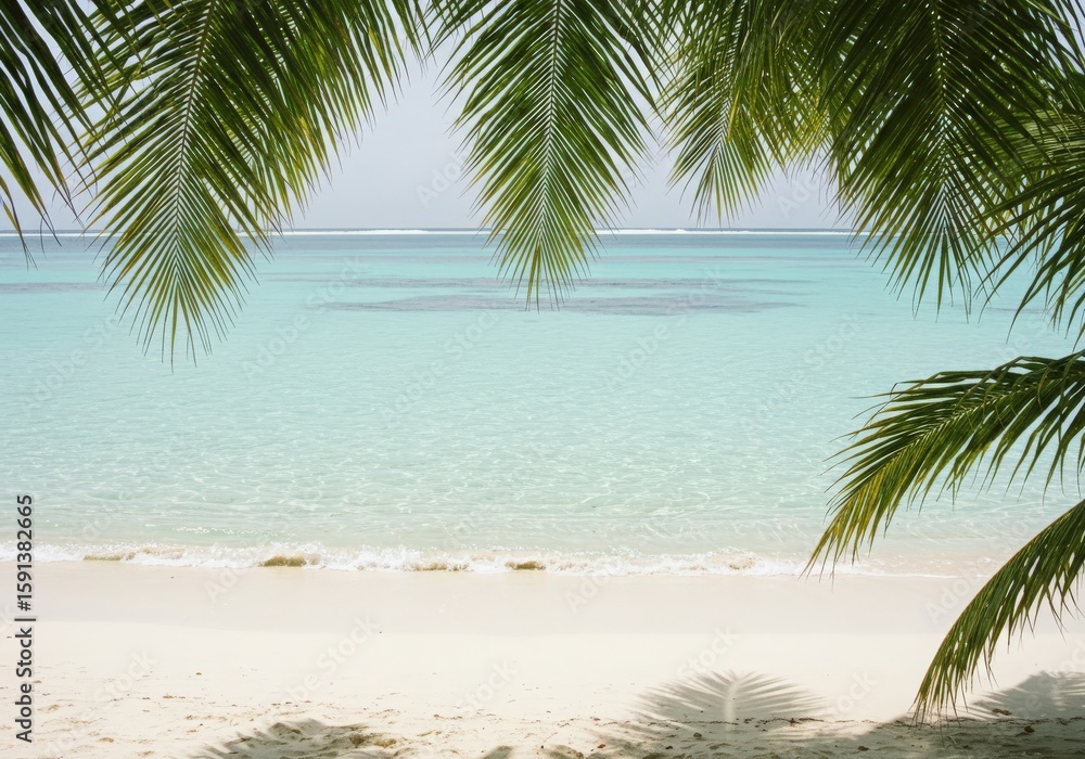Fototapeta premium Tropical paradise beach with palm trees, turquoise ocean, and sunny sky perfect for a summer vacation, turquoise ocean, and sunny sky perfect for a summer vacation