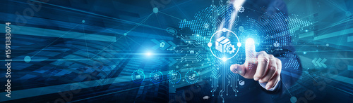 Foto SCM Director touch with global on structure Supply Chain Management system, optimizing logistics, sourcing, inventory, distribution, demand, automation, risk, and visibility