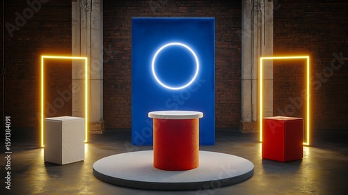 Empty display podiums, neon lights