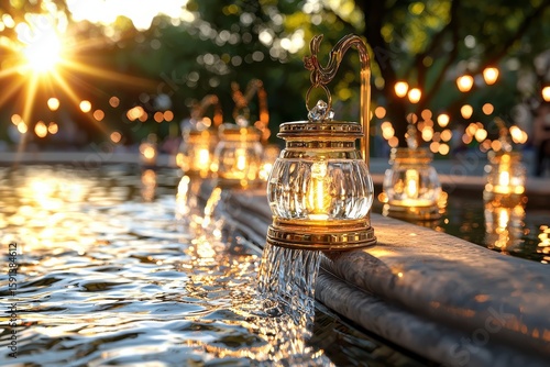 Elegant fountain with illuminated glass lanterns at sunset.