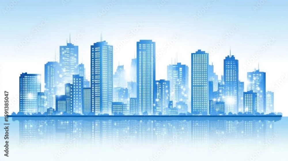 Fototapeta premium Elegant blue city skyline vector illustration with water reflection