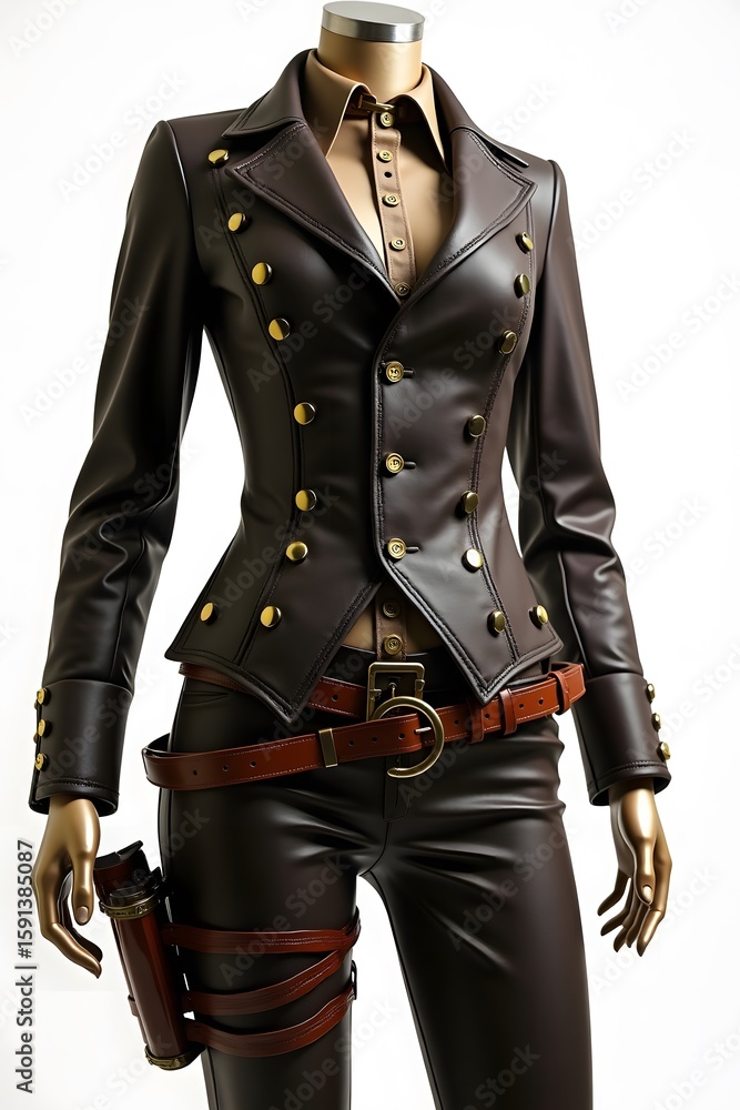 Fototapeta premium Elegant Steampunk Women's Pantsuit on Mannequin – Close-Up on White Background