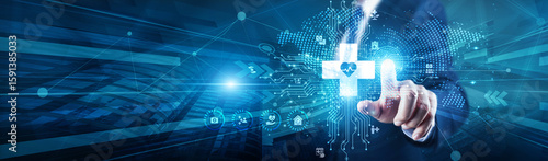 Healthcare Administrator touch with global on structure Healthcare system, managing patients, services, technology, records, diagnostics, safety, access, and innovation.