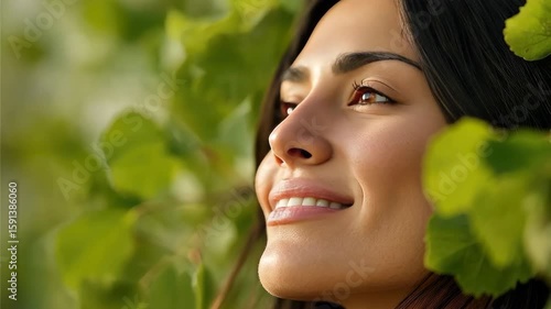 Young woman face smile surrounded by green leaves in nature outdoors