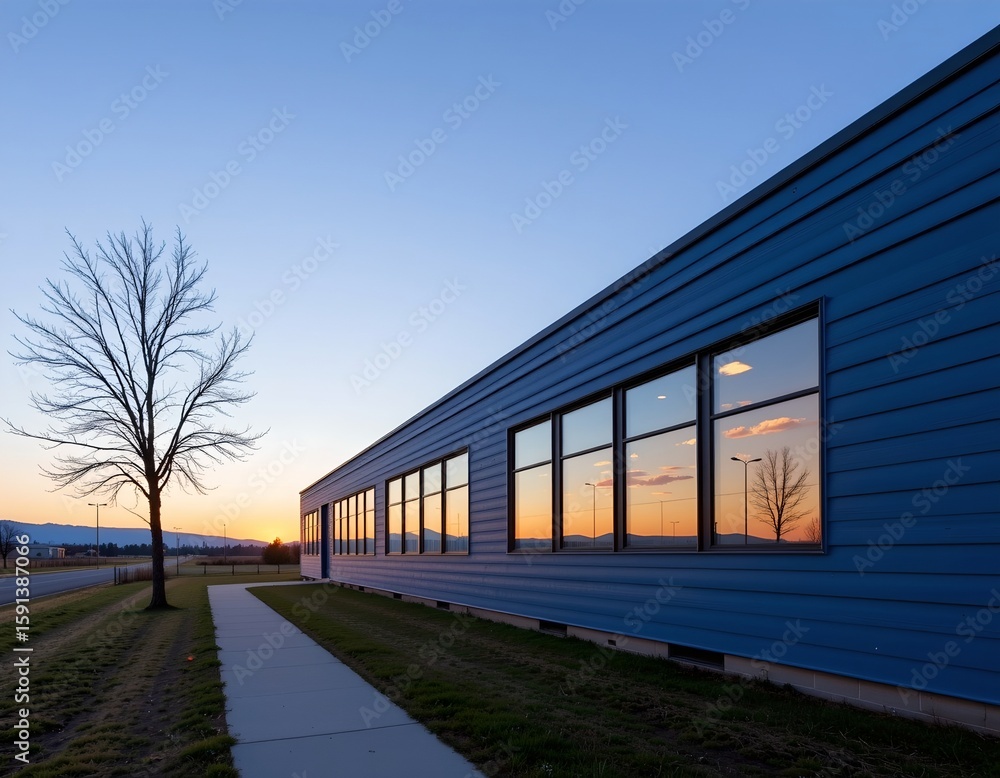 Fototapeta premium Serene Building Twilight with Peaceful Landscape