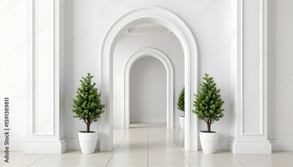 Fototapeta premium Modern Minimalist Interior with Archway and Evergreens