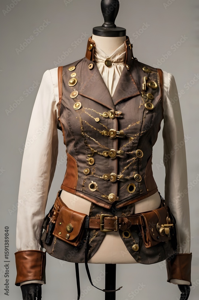 Elegant Steampunk Women's Pantsuit on Mannequin – Close-Up on White Background Elegant Steampunk Women's Pantsuit on Mannequin – Close-Up on White Background