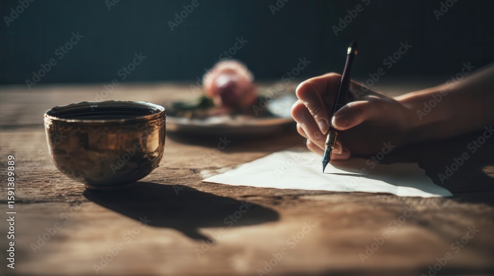 Obraz premium A hand holding a fountain pen, writing on aged paper.