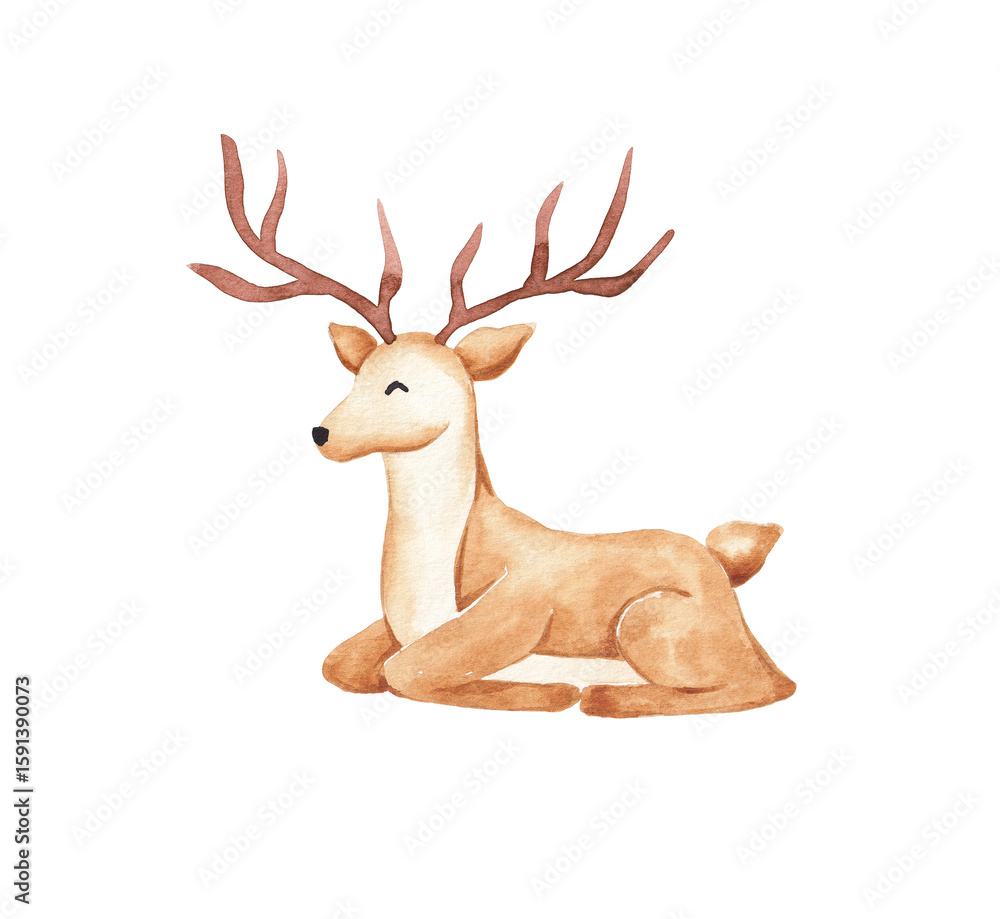 Obraz premium Watercolor deer clip art hand painted with watercolor. Simple elegant design element for card, banner, invitation. Wild forest animal
