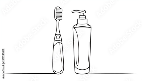 Line Art Illustration of Toothbrush and Soap Dispenser
