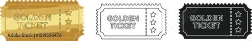 Golden ticket vector illustration set, prize winning, event pass, lucky draw, raffle ticket, invitation