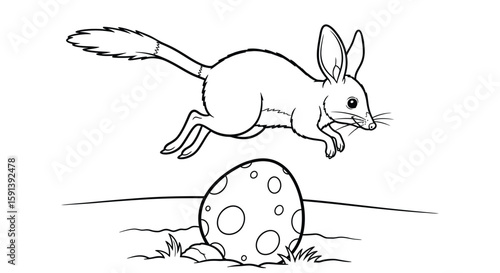 Magical egg and Jerboa: An adorable jerboa gracefully leaps over a speckled egg, a whimsical scene that sparks imagination, wonder, and playfulness.