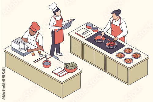Isometric view of three chefs working in a restaurant kitchen preparing and cooking different foods items