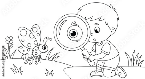 Exploring the Tiny Wonders: A young explorer with a magnifying glass gazes intently at an insect, capturing the inquisitive spirit of nature.