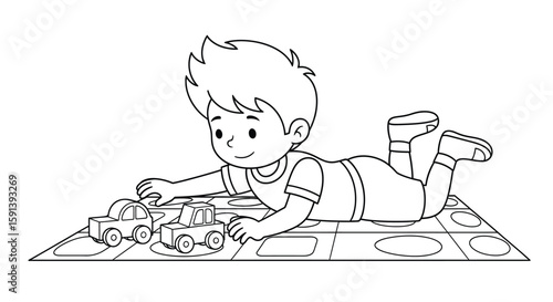 Joyful Discovery: A young child with a playful grin, completely engrossed in the world of toy cars, lies on a vibrant mat, fully embracing a moment of pure, innocent fun.