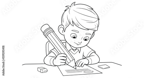 Focused Young Scholar: A young student, fully engrossed in the act of writing, with a giant pencil creating meticulous lines on a clean sheet, showcasing diligence and the pursuit of knowledge.