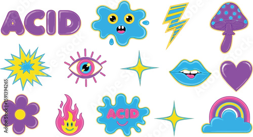 Acid trip psychedelic art groovy stickers colorful illustrations retro design funky graphics vibrant elements