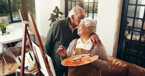 Obraz na płótnie Senior couple, kiss and painting on canvas for art, drawing sketch and bonding together
