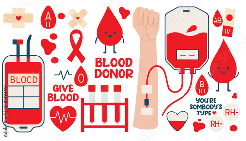 blood donor stickers set blood bag hearts cute blood drop rh factor hand drawn vector illustration