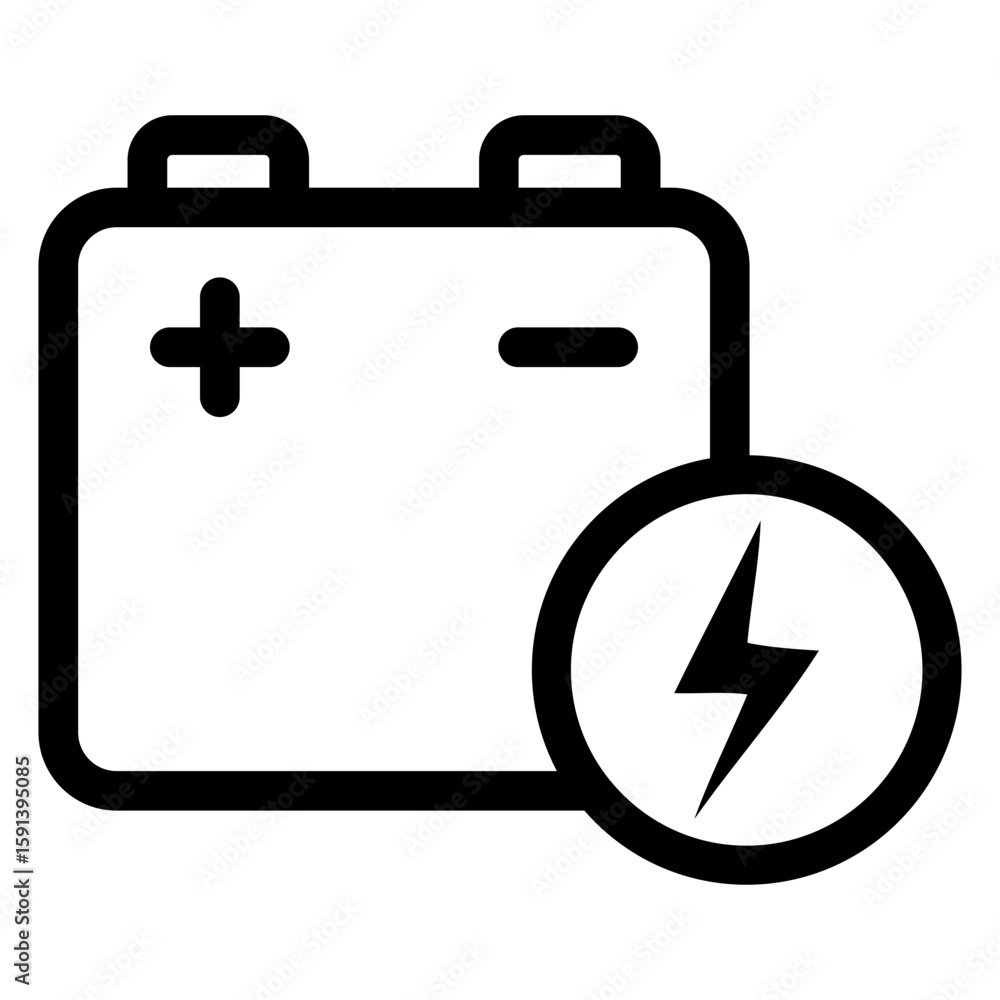 Icono generador de energía. Batería de coche con líneas con rayo o relámpago en círculo 