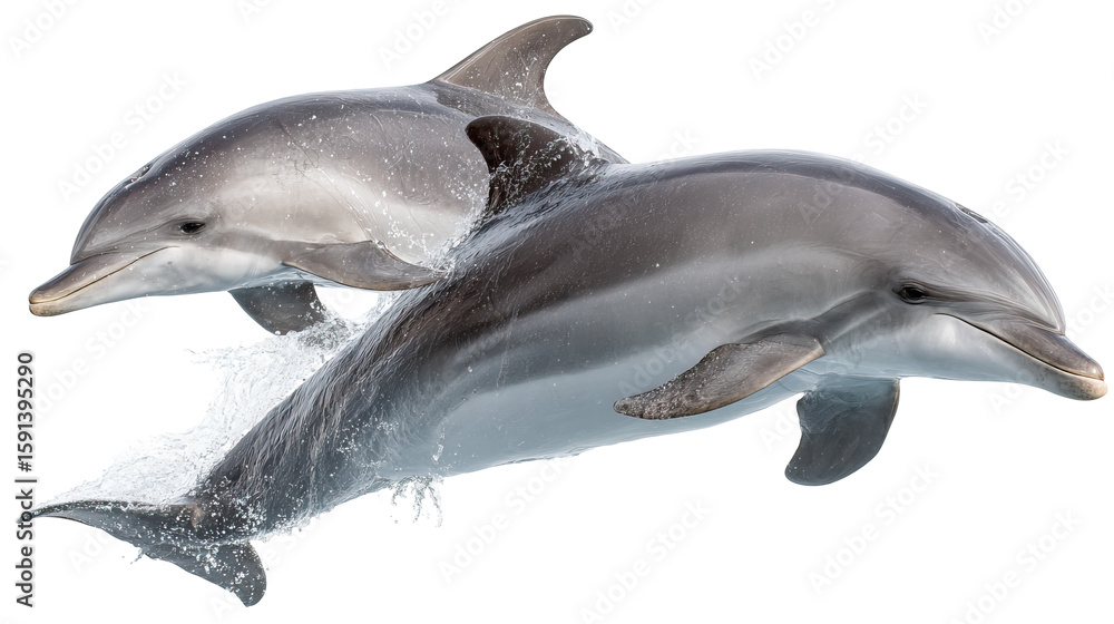 Obraz premium Dolphins Mid-Air in Synchronized Jump on Transparent Background