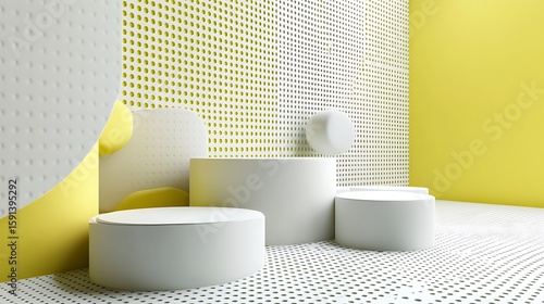 Abstract display podiums in yellow and white