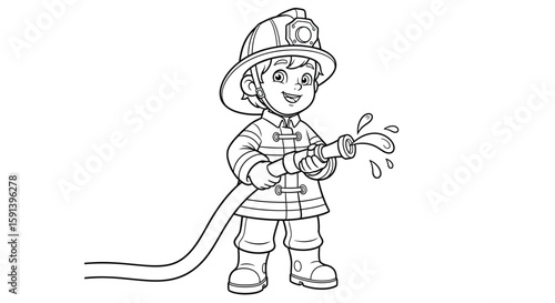 Firefighter Action Illustration: A brave young firefighter in full gear, ready to protect and serve, is holding a water hose, with water jetting out and demonstrating the essential role.