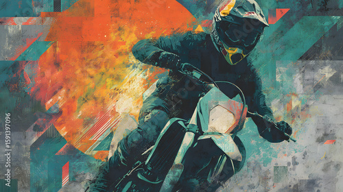 Abstract Vibrant Collage of Boy and Motorcycle in Fragmented Brush Strokes of Orange, Teal, and Charcoal with Swirling Sun Flare Gradients and Cityscape , Expressive Close-Up