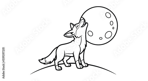 Lone Wolf's Serenade: A lone wolf howls under the moon's glow, evoking a sense of mystery, wilderness, and freedom. A monochrome illustration, ideal for projects themed around nature, solitude.