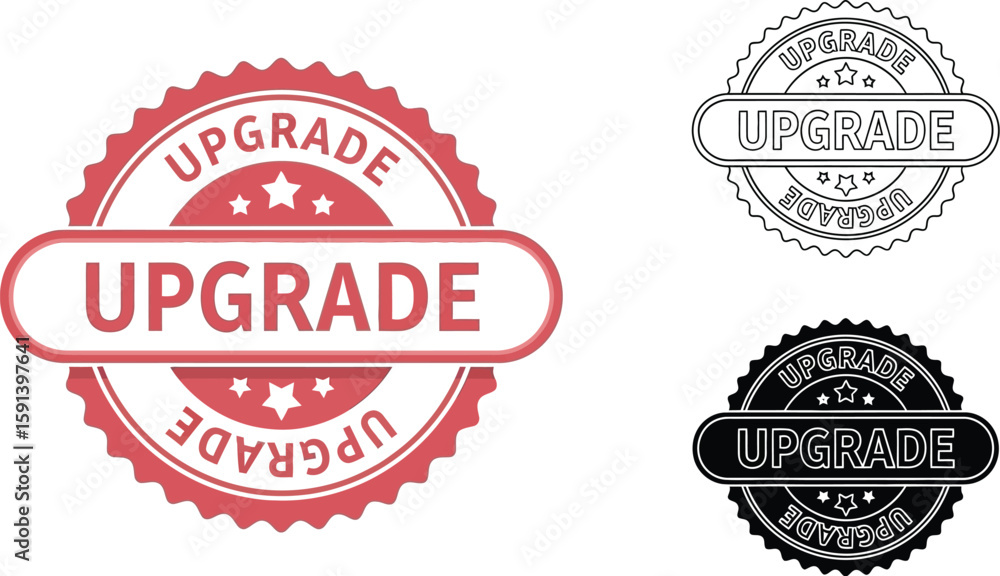Obraz premium Upgrade badge vector illustration set for product promotion and quality assurance seal of approval
