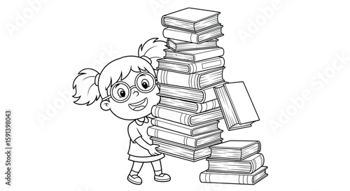 The Joy of Reading: A young student with glasses, her eyes alight with curiosity and the love of reading, stands next to a towering stack of books. Embracing the world of knowledge.
