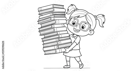 A Young Reader's Literary Load: A delightful illustration captures a girl's innocent joy as she carries an impressive stack of books.